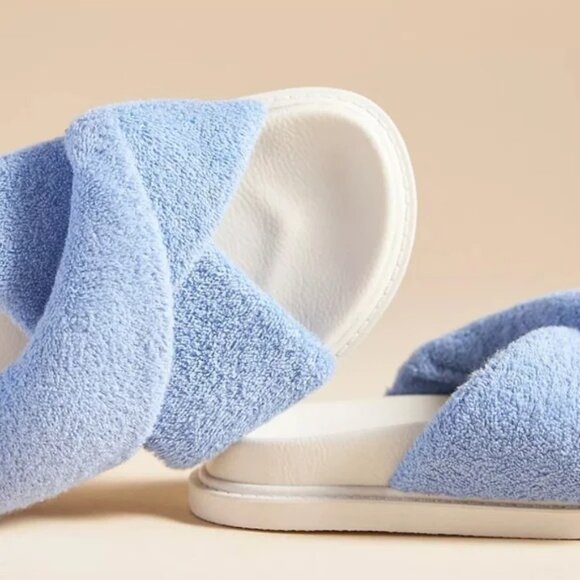 Anthropologie Maeve Blue Terry Towel Pool Slide Sandals Coastal Grandma Boho - Picture 3 of 10